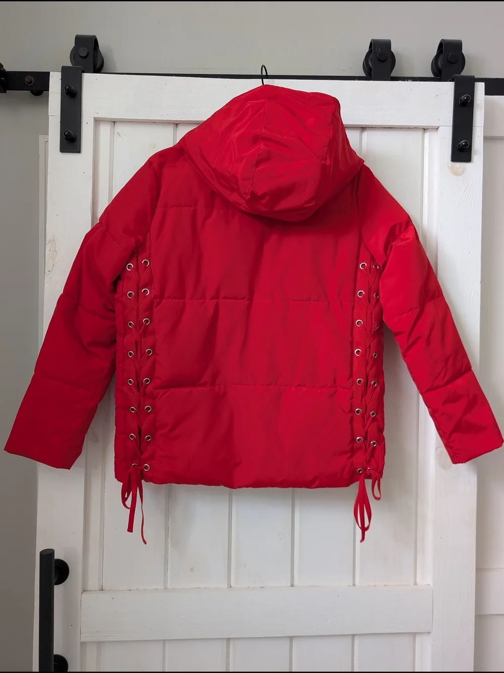 EXPRESS Red Puffer Jacket Hooded with Lace-Up Sides | Size